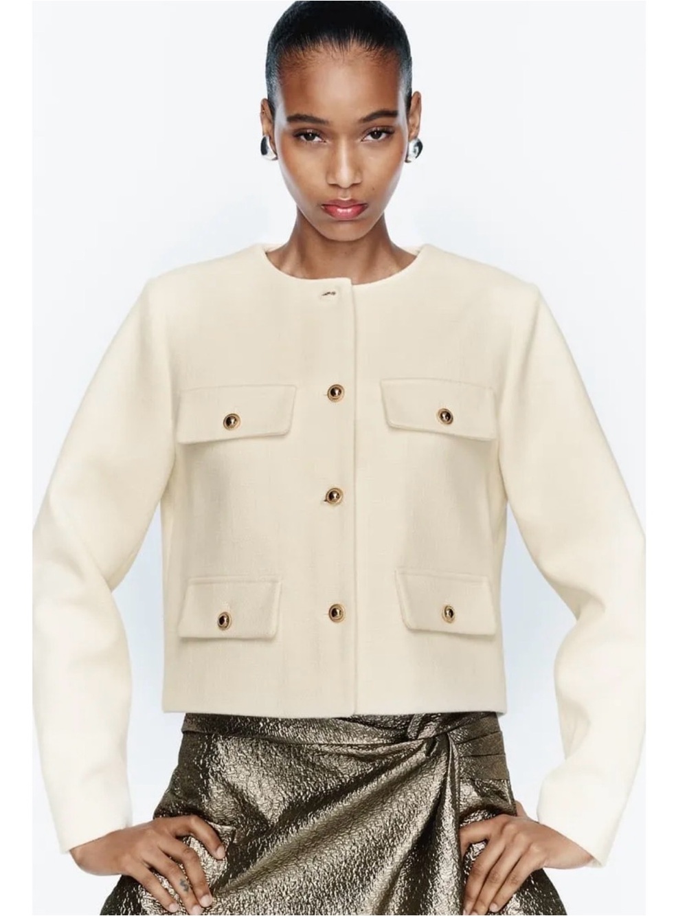 Zara Ivory Boxy Button-Front Jacket with Patch Pockets